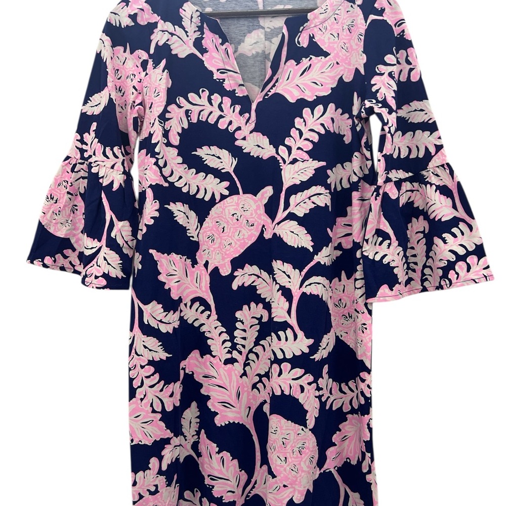 Lilly Pulitzer Dress S Navy Pink Tropical Print Ruffle Sleeve V-Neck Shift Dress - Picture 7 of 7